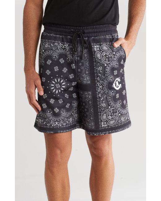 Crooks and Castles Black Bandana Print Fleece Drawstring Shorts for men
