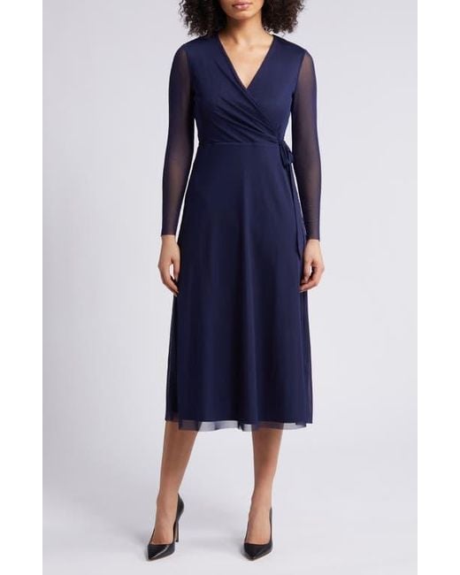 Anne Klein Long Sleeve Midi Wrap Dress in Blue Lyst