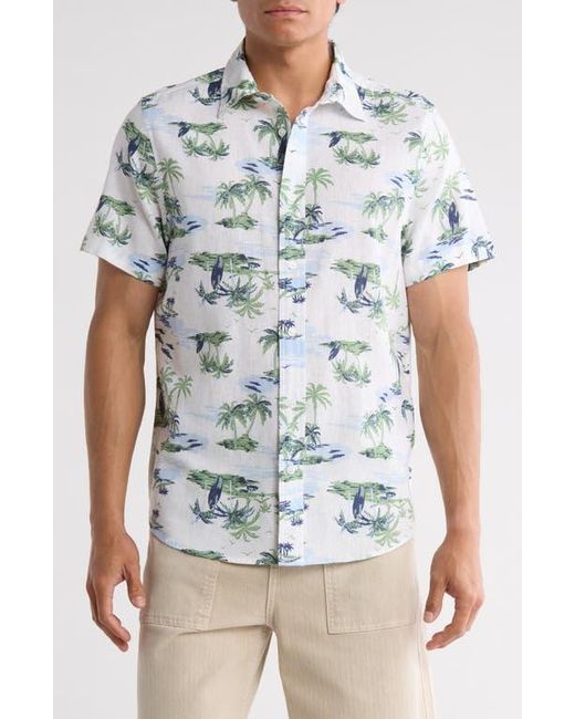 14th & Union White Short Sleeve Linen & Cotton Button-Up Shirt for men