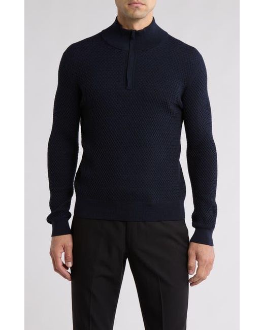 Bruno Magli Blue Textured Merino Wool Quarter Zip Pullover for men