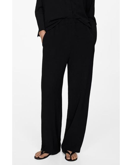 Mango Black Textured Flowy Elastic-Waist Pants