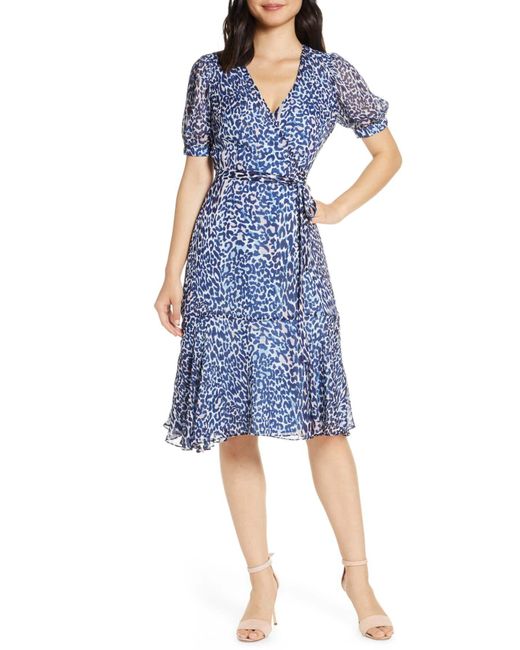 Eliza J Blue Leopard Print Faux Wrap Dress