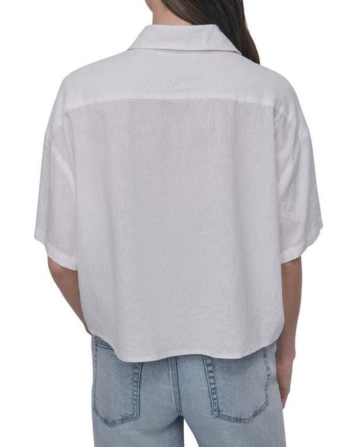 DKNY White Oversize Linen Blend Crop Button-Up Shirt