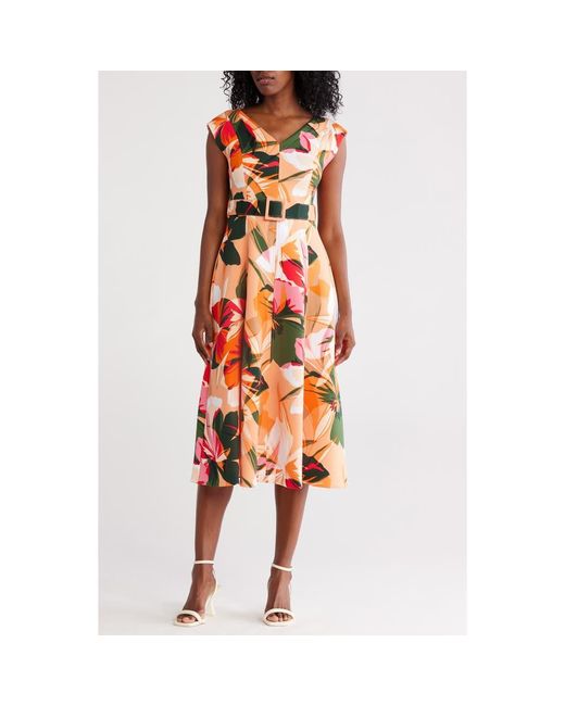 Calvin Klein Tropical Floral V-Neck Belt Midi Dress in Orange | Lyst