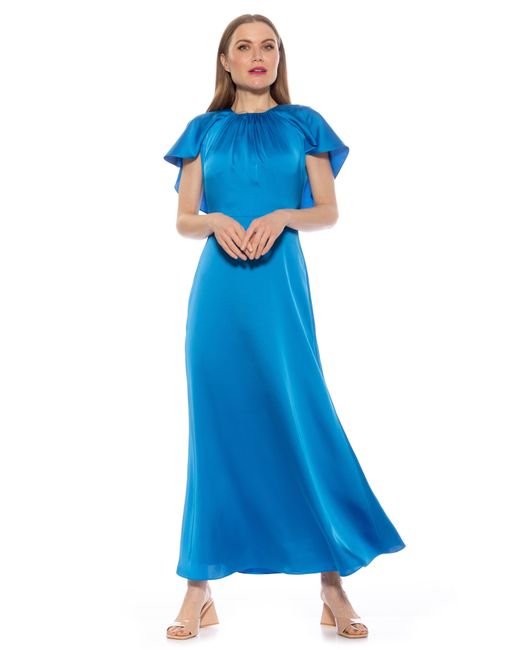 Alexia Admor Blue Danica Capelet Sleeve Satin Maxi Dress