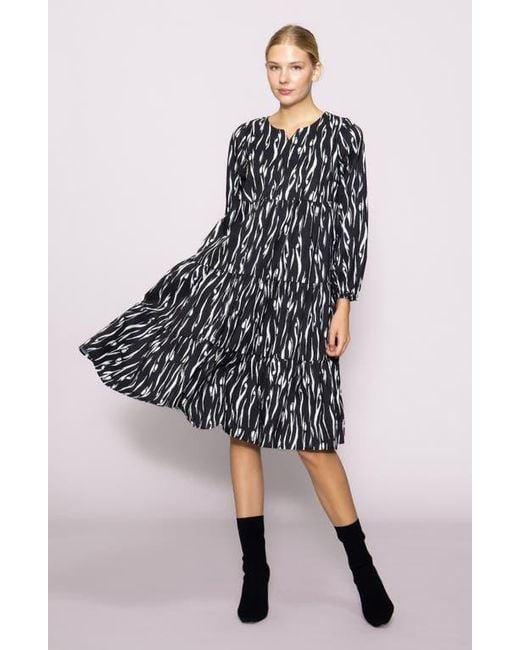 MELLODAY Black Poplin Tiered Long Sleeve Midi Dress