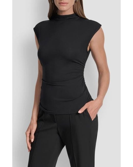 DKNY Black Mock Neck Ruched Top