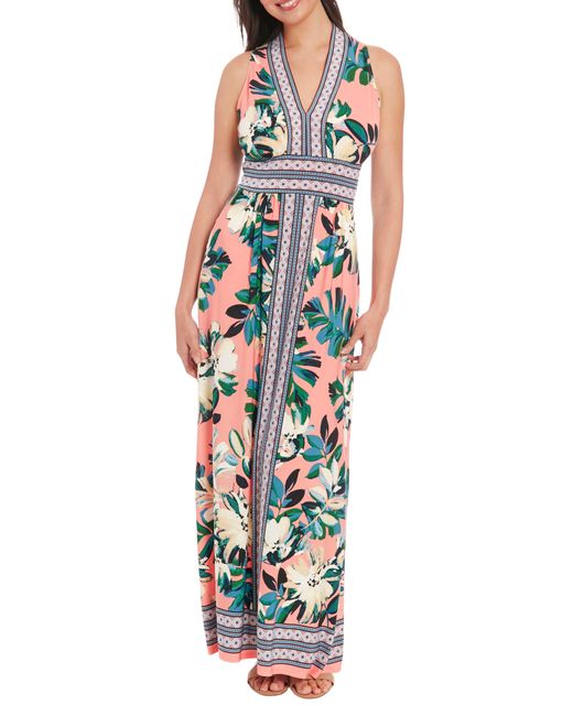 London Times Multicolor Floral V-neck Sleeveless Maxi Dress