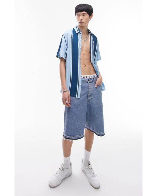 Topman Blue Relaxed Fit Striped Short Sleeve Button-up Shirt for men