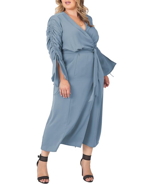 Standards & Practices Blue Ruched Long Sleeve Wrap Maxi Dress
