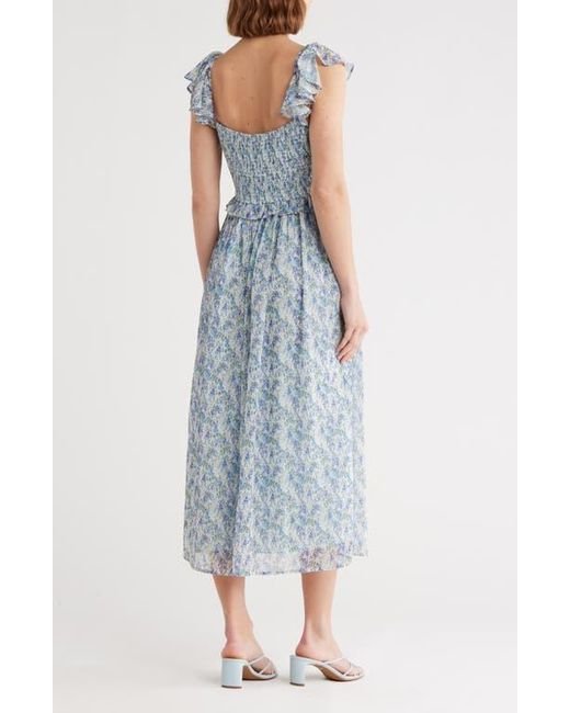 Lush Blue Shirred Flutter Sleeve Midi Dress