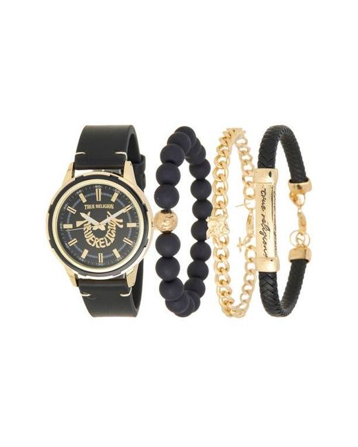 True Religion Black Arched Logo Faux Leather Strap Watch, 38Mm & Assorted Bracelets Set for men