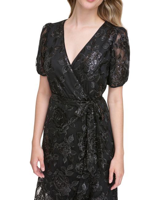 Kensie Black Sequin Embroidered Mesh Dress