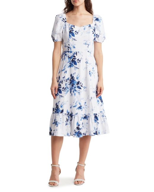 Ellen Tracy Blue Puff Sleeve Linen Blend Midi Dress