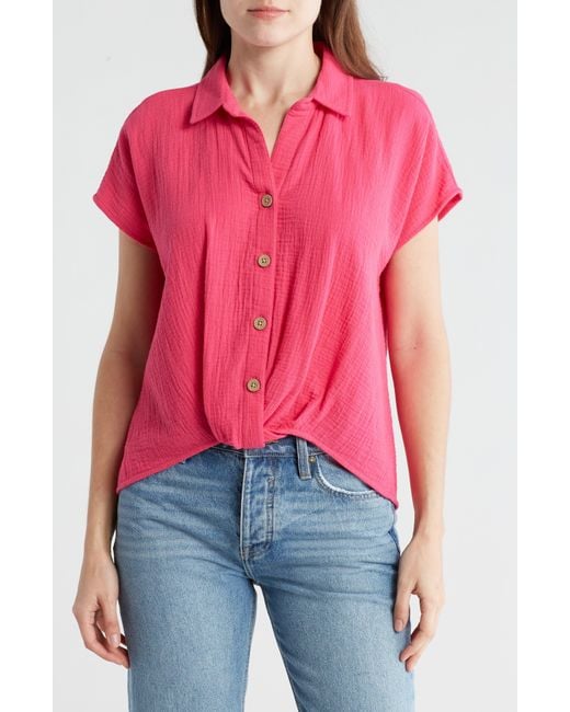 Beach Lunch Lounge Red Front Tuck Front Button Gauze Shirt