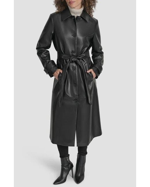 DKNY Women's Black Faux Leather Trench Coat