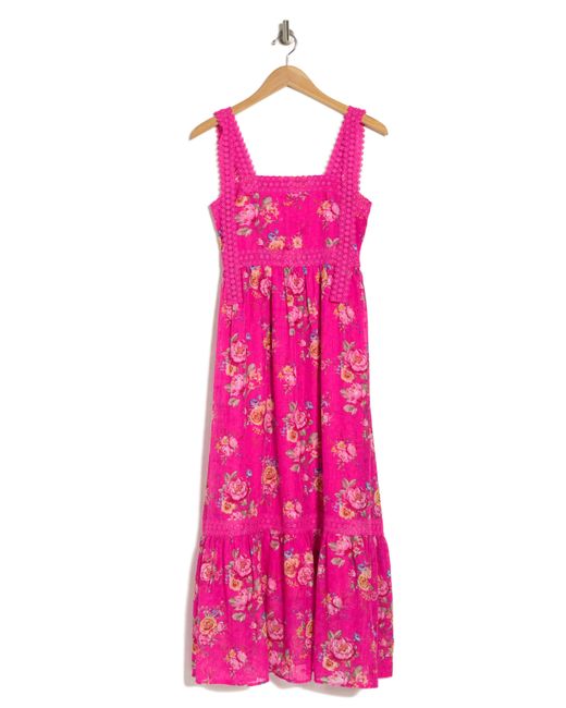 Blu Pepper Pink Floral Tie Strap Tiered Midi Dress
