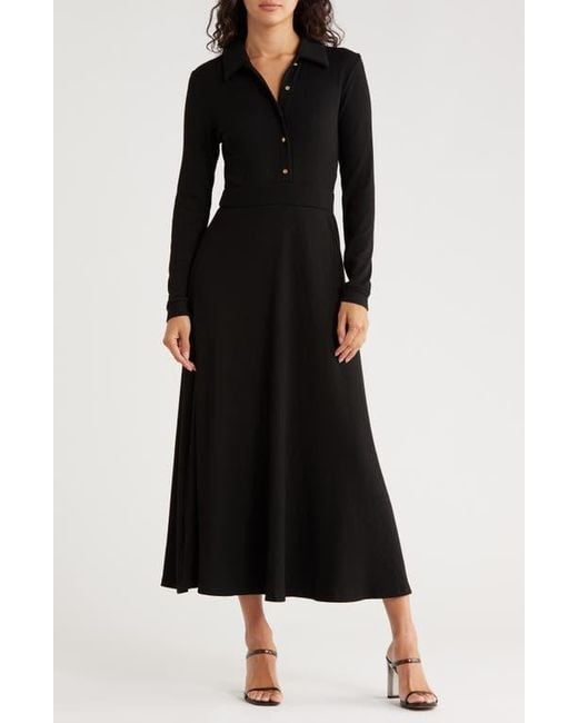 AREA STARS Black Raya Long Sleeve Rib Midi Dress