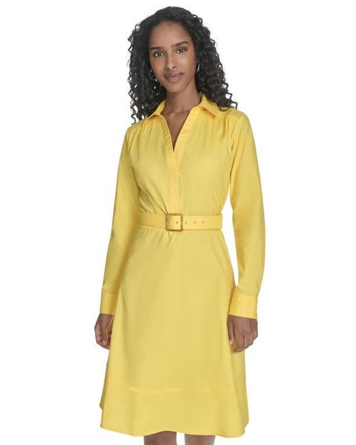 Calvin Klein Belted Long Sleeve Dress in Yellow | Lyst Calvin Klein Belted Long Sleeve Dress in Yellow | Lyst