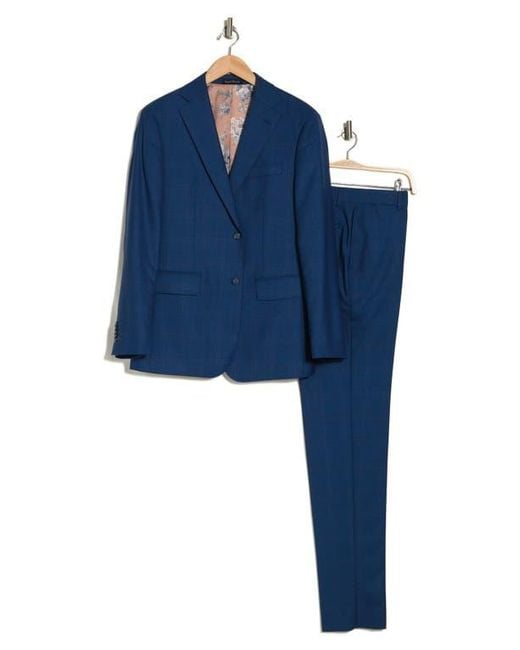 English Laundry Blue Plaid Trim Fit Wool Blend Two-Piece Suit for men