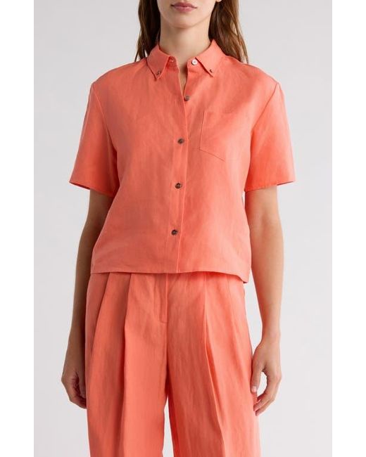Theory Red Boxy Short Sleeve Linen Button-Down Shirt