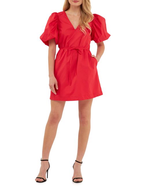 English Factory Red Puff Sleeve Cotton Shift Dress