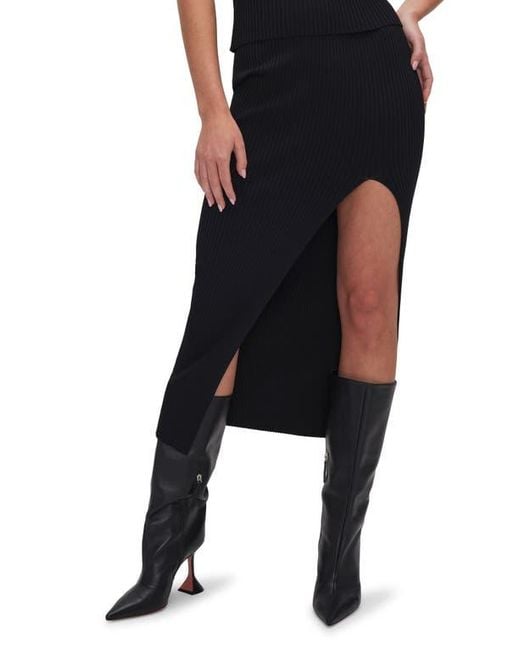 GOOD AMERICAN Black Shine Ribbed Slit Midi Skirt