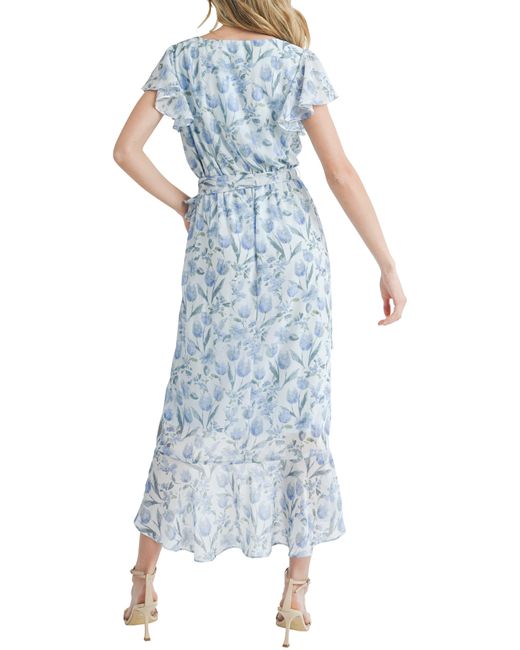 Lush Blue Flutter Sleeve Faux Wrap Midi Dress