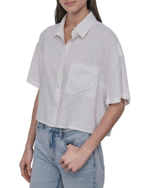 DKNY White Oversize Linen Blend Crop Button-Up Shirt
