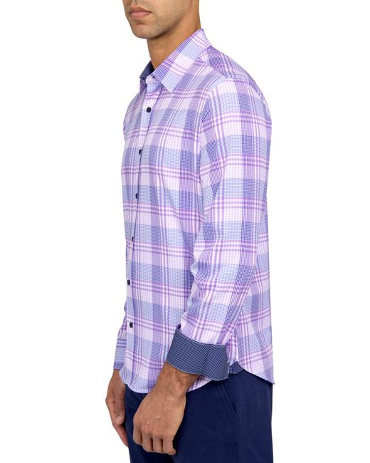 Con.struct Purple Trim Fit Plaid Four-way Stretch Performance Dress Shirt for men