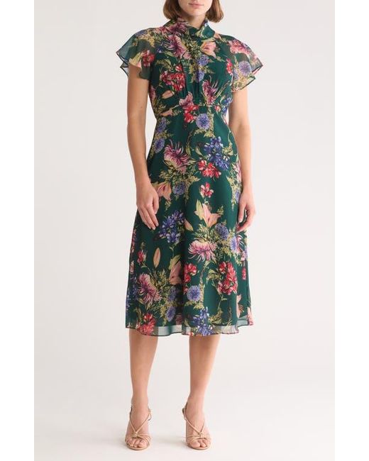 vince camuto hunter green dress Floral Short Sleeve Chiffon Midi in Crepe dress