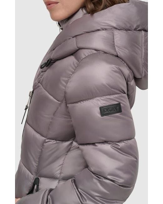 DKNY Asymmetric Bib Packable Quilted Coat in Brown Lyst