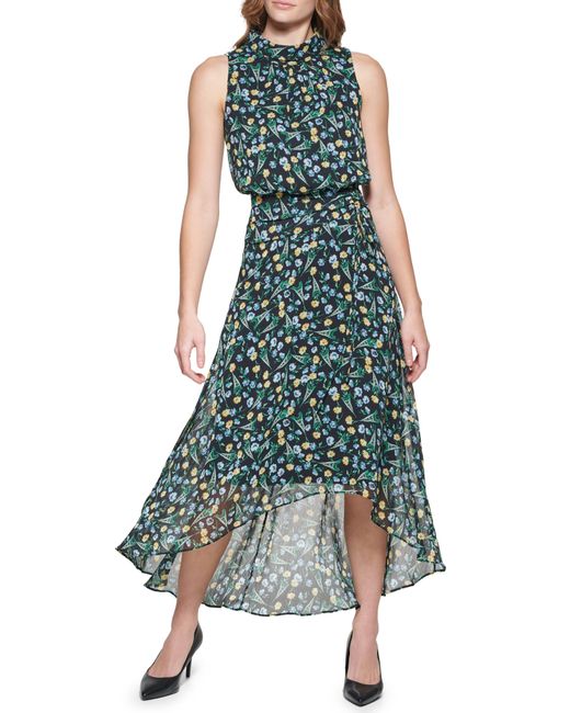 Karl Lagerfeld Green Floral Sleeveless Chiffon High-low Dress