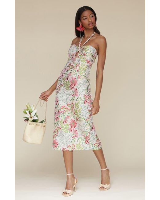 Avec Les Filles Multicolor Floral Brocade Halter Neck Midi Dress
