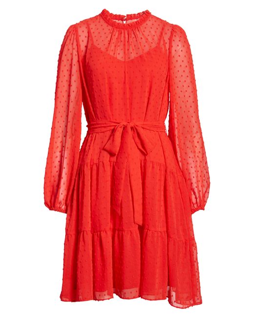 Julia Jordan Semisheer Long Sleeve Tie Waist Tiered Dress At