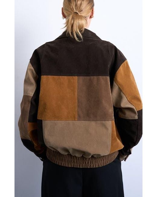 TOPSHOP Brown Patchwork Faux Suede Bomber Jacket