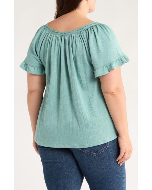 Max Studio Blue Embellished Yoke Flutter Sleeve Top