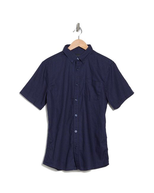 14th & Union Blue Houndstooth Short Sleeve Linen & Cotton Button-down Shirt for men