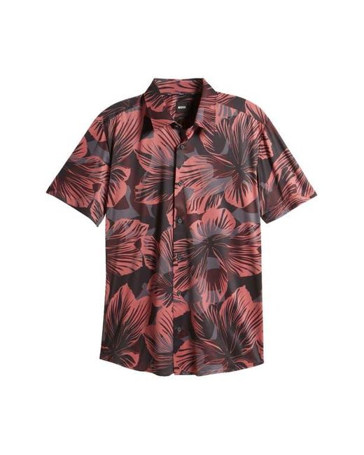 Boss Red Roan Slim Fit Leaf Print Short Sleeve Stretch Button-Up Shirt for men