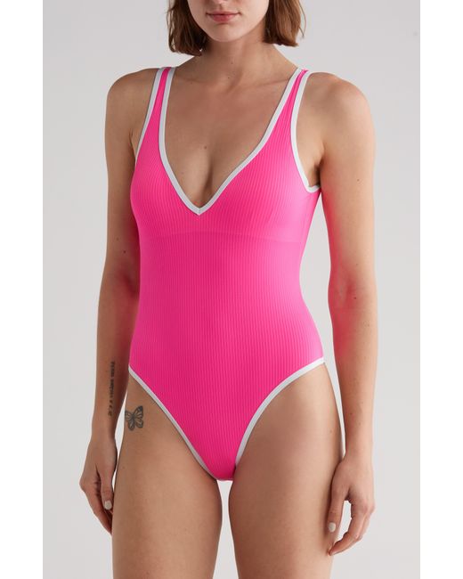 Nicole Miller Pink Contrast Trim Rib One-piece Swimsuit