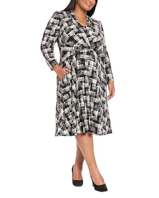 London Times Black Print Long Sleeve Side Tie Jersey Fit & Flare Dress
