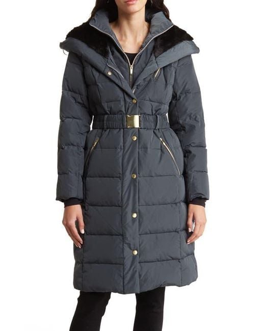 Cole Haan Taffeta Down Faux Fur Trimmed Belted Coat in Gray Lyst