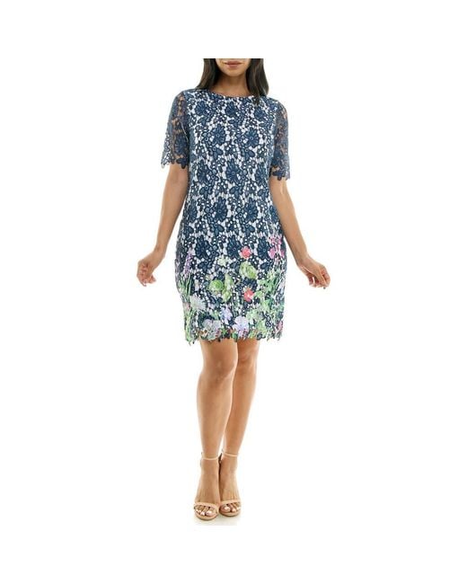 Nina Leonard Floral Border Elbow Sleeve Lace Sheath Dress in Blue | Lyst