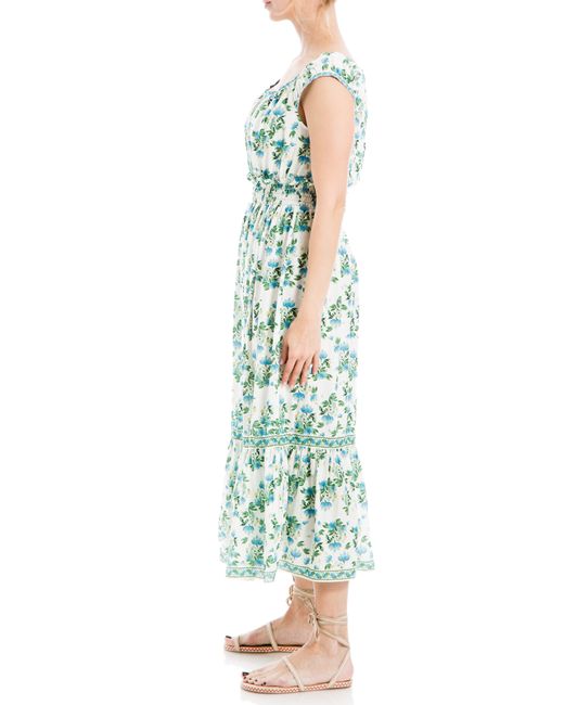 Max Studio Green Floral Tiered Cotton Blend Midi Dress