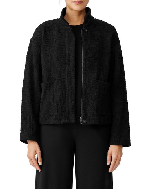 Eileen Fisher Black Stand Collar Bouclé Jacket