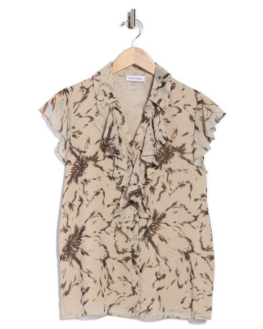 Calvin Klein Natural Cap Sleeve Ruffle Button-Up Shirt