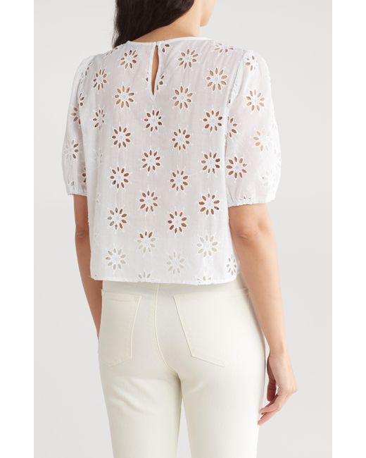 Adrianna Papell White Floral Eyelet Puff Sleeve Crop Top