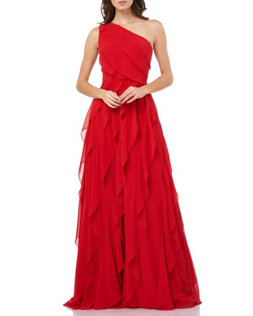 Carmen Marc Valvo Women's One-shoulder Asymmetric Tiered Evening Gown - Cherry - Size 14