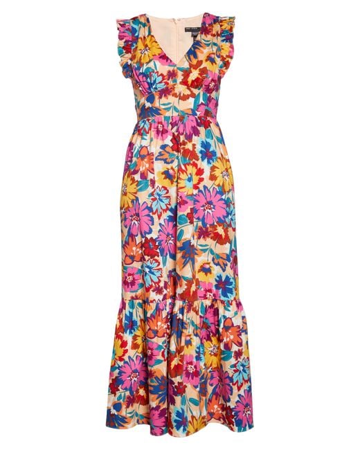 Maggy London Red V-neck Ruffle Sleeve Floral Print Stretch Cotton Maxi Dress
