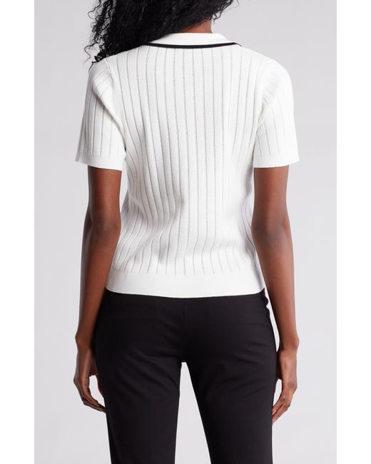 Adrianna Papell White Tipped Short Sleeve Polo Sweater